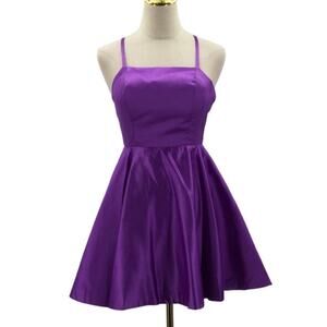 PARTY SZ 0 XS purple satin backless lace up skater fit and flare mini dress B47
